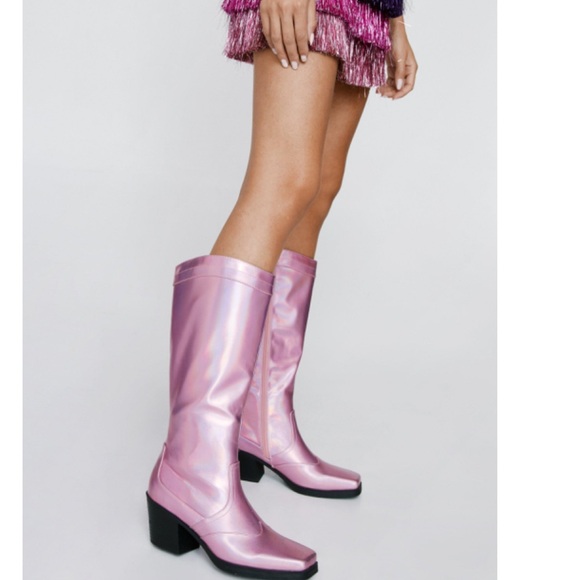 Faux Leather Metallic Square Toe Cowboy Boots - Picture 2 of 2